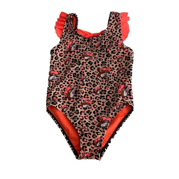 Buc-ees Leopard Animal Print Swimsuit Size 2T One Piece Ruffle Sleeve - Picture 1 of 7